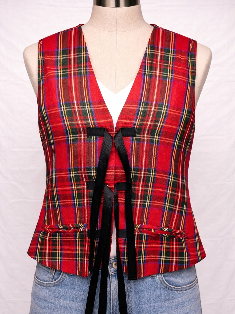 British Khaki Silk Plaid Tie Front Vest Tartan Preppy Layered Womens S